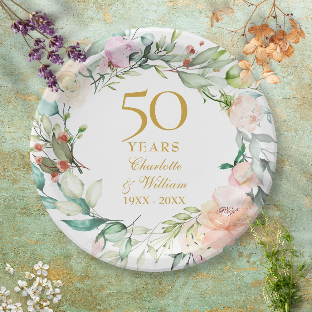 50th Golden Wedding Anniversary Roses Garland Paper Plates