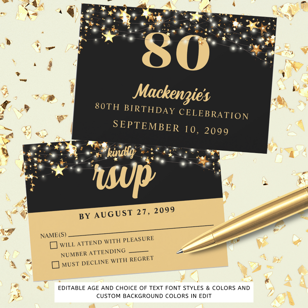 Birthday Gold Stars Any Age Custom Color RSVP Card