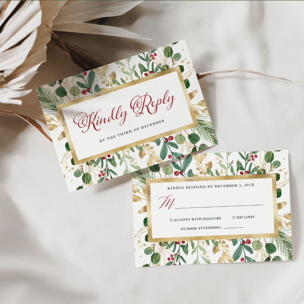 White Gilded Greenery | Christmas Wedding RSVP Card