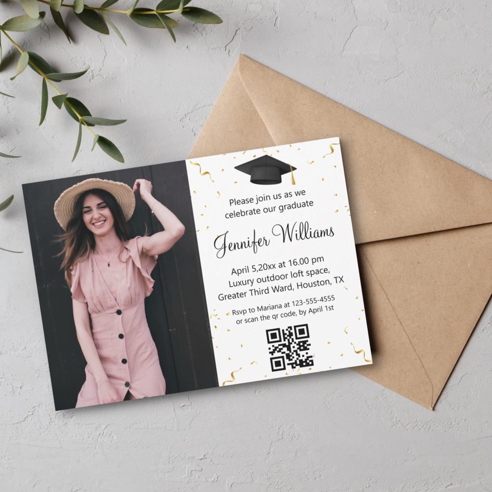 photo graduation party qr code rsvp confetti invitation