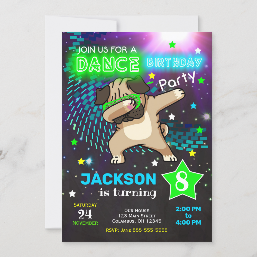 Dabbing Pug Birthday Invitation / Boy Dance Party