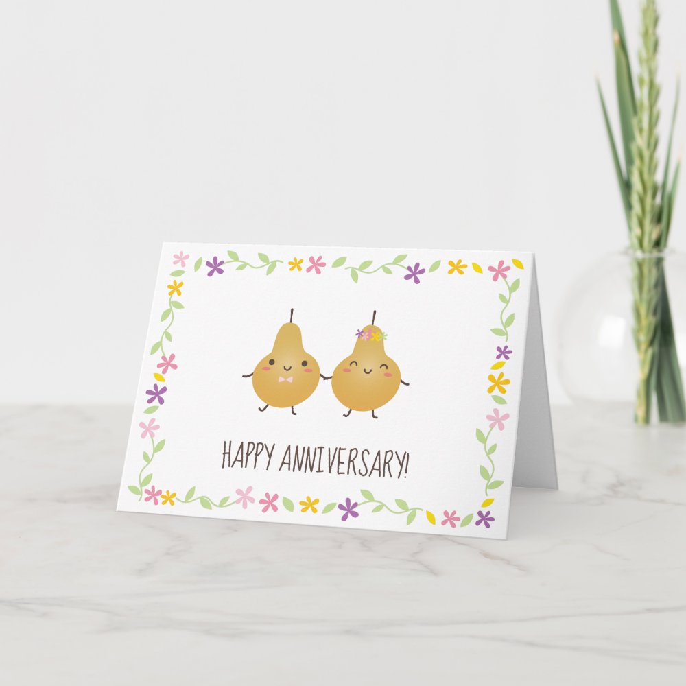 Cartoon Husband and Wife Floral Wreath Anniversary Card
