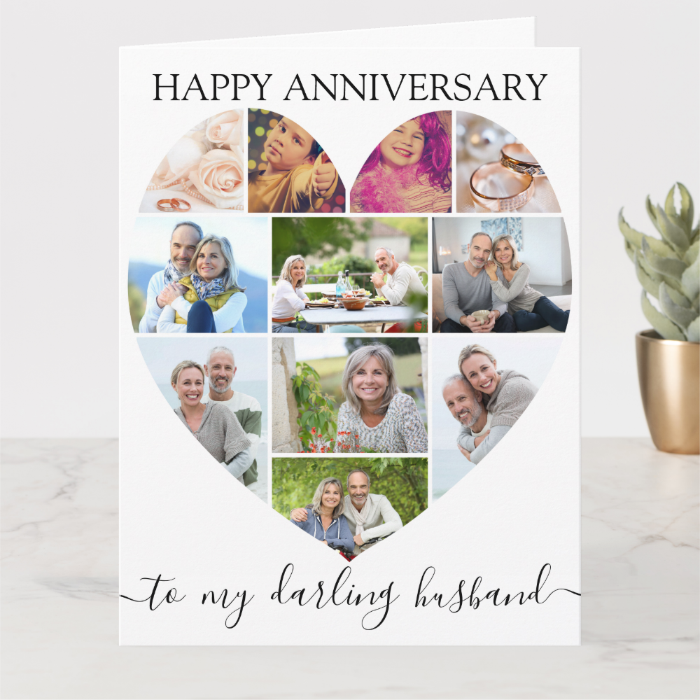 Heart 11 Photo Collage Husband Script Anniversary Card
