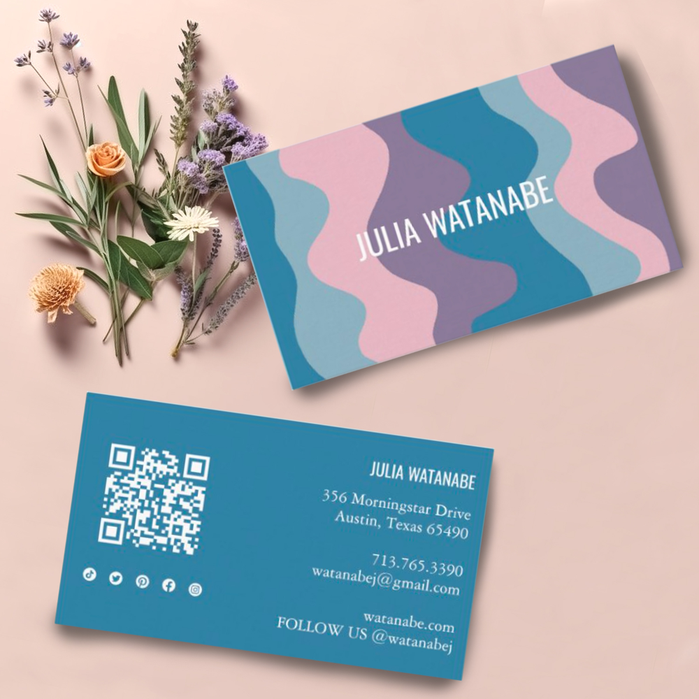 Colorful Waves Stripes QR Code Social Media Chic Business Card
