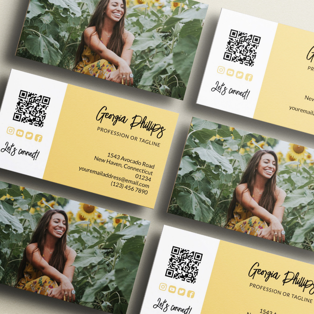 Soft Yellow QR Code Photo Social Media Icons Business Card
