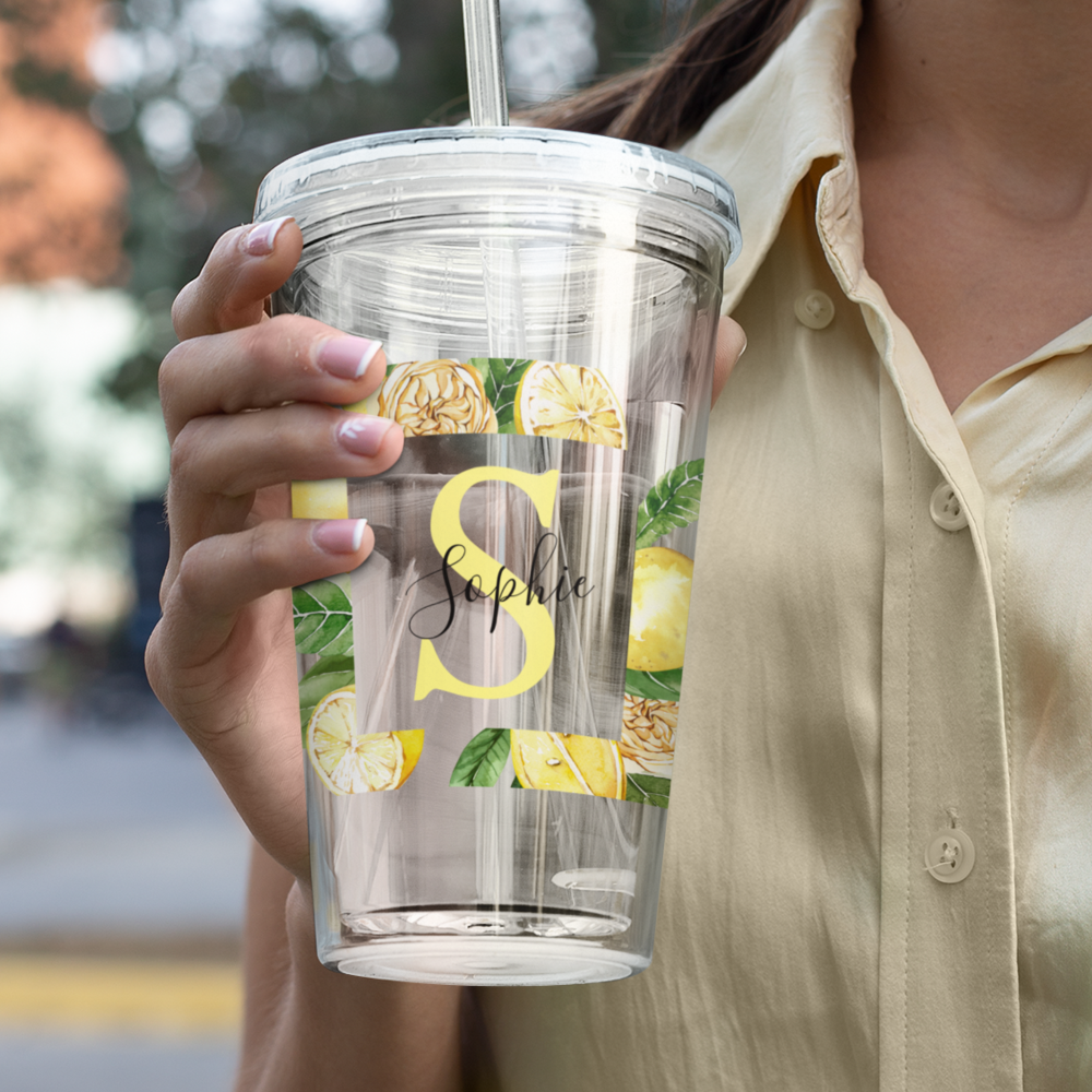 Modern Yellow Lemons Frame & Leaves With Name Acrylic Tumbler