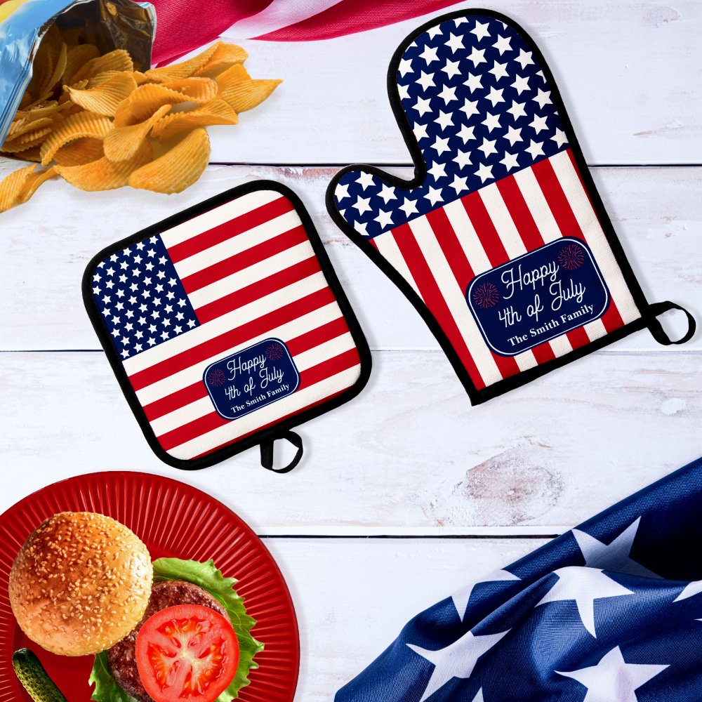 Patriotic U.S. Flag Happy 4th of July Family Name Oven Mitt & Pot Holder Set