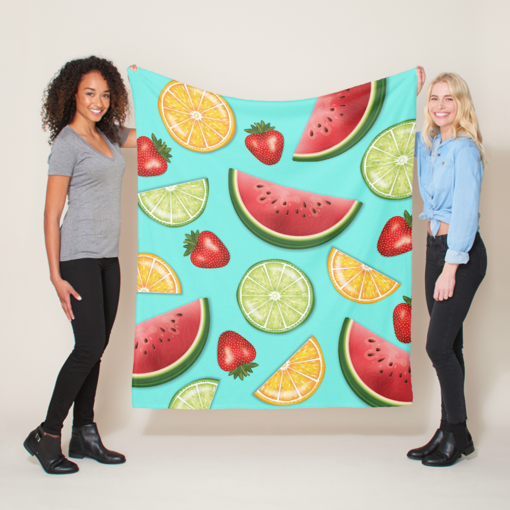 Citrus Melon Strawberry Fruits On Light Blue Fleece Blanket
