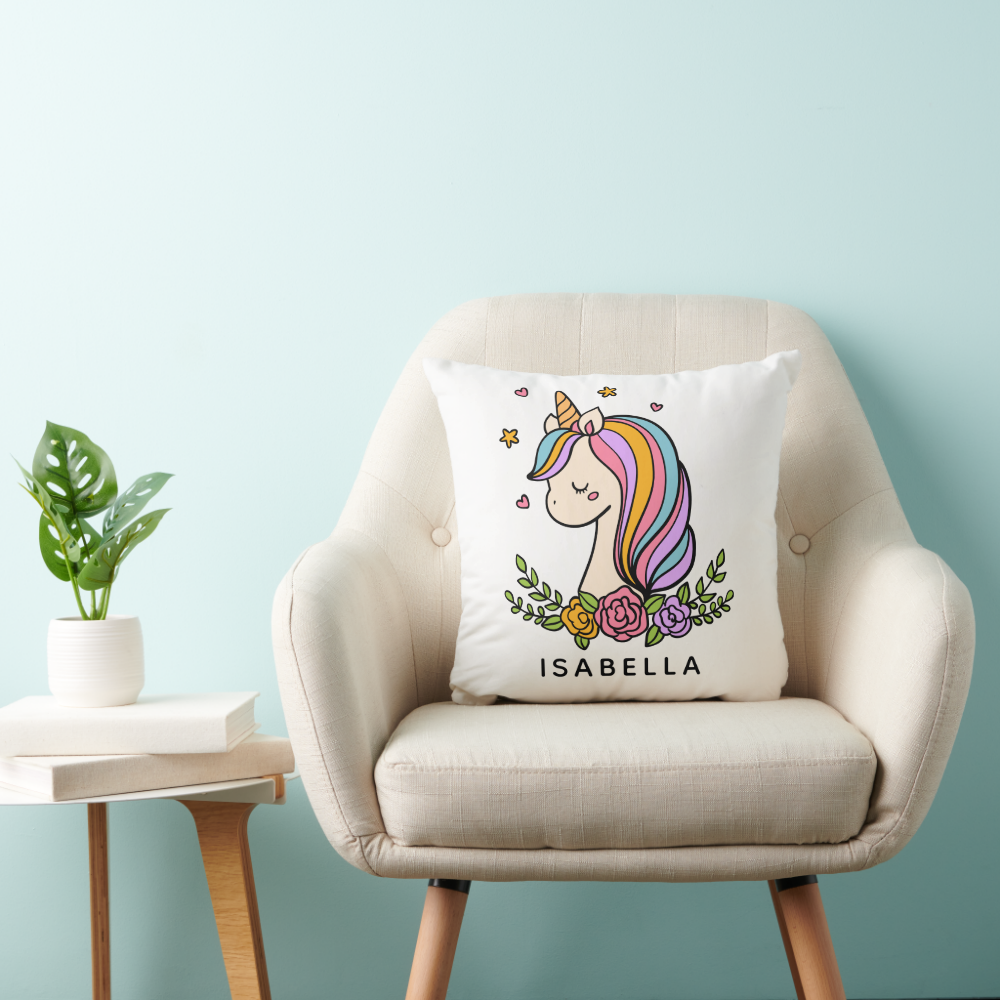 Unicorn Cute Whimsical Girly Personalized Name Throw Pillow
