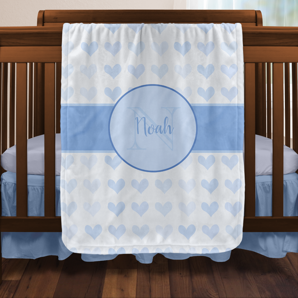 Baby Boy First Name Blue Monogram Heart Pattern Baby Blanket
