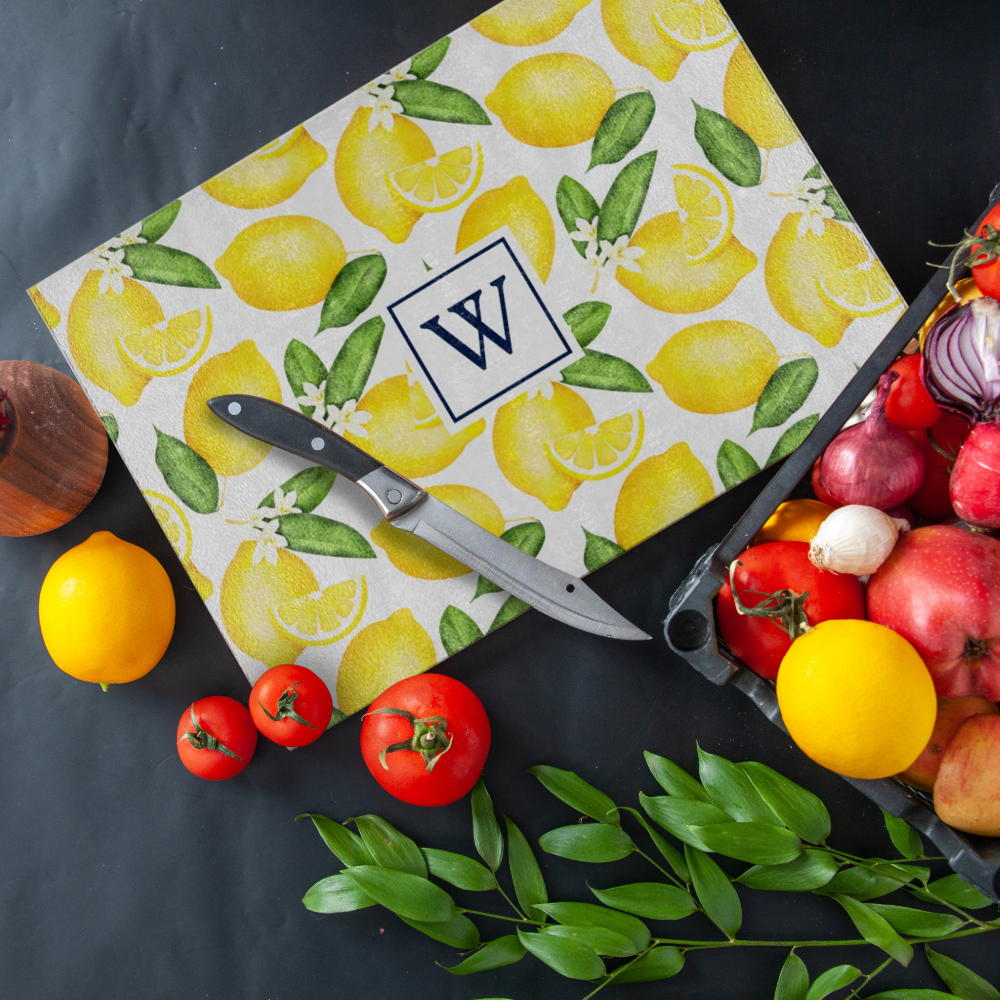 Lemon Citrus Pattern Monogram White Placemat Cutting Board
