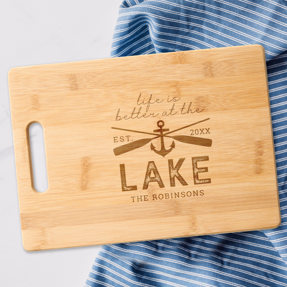 Life is Better Lake House Family Name Cutting Board

