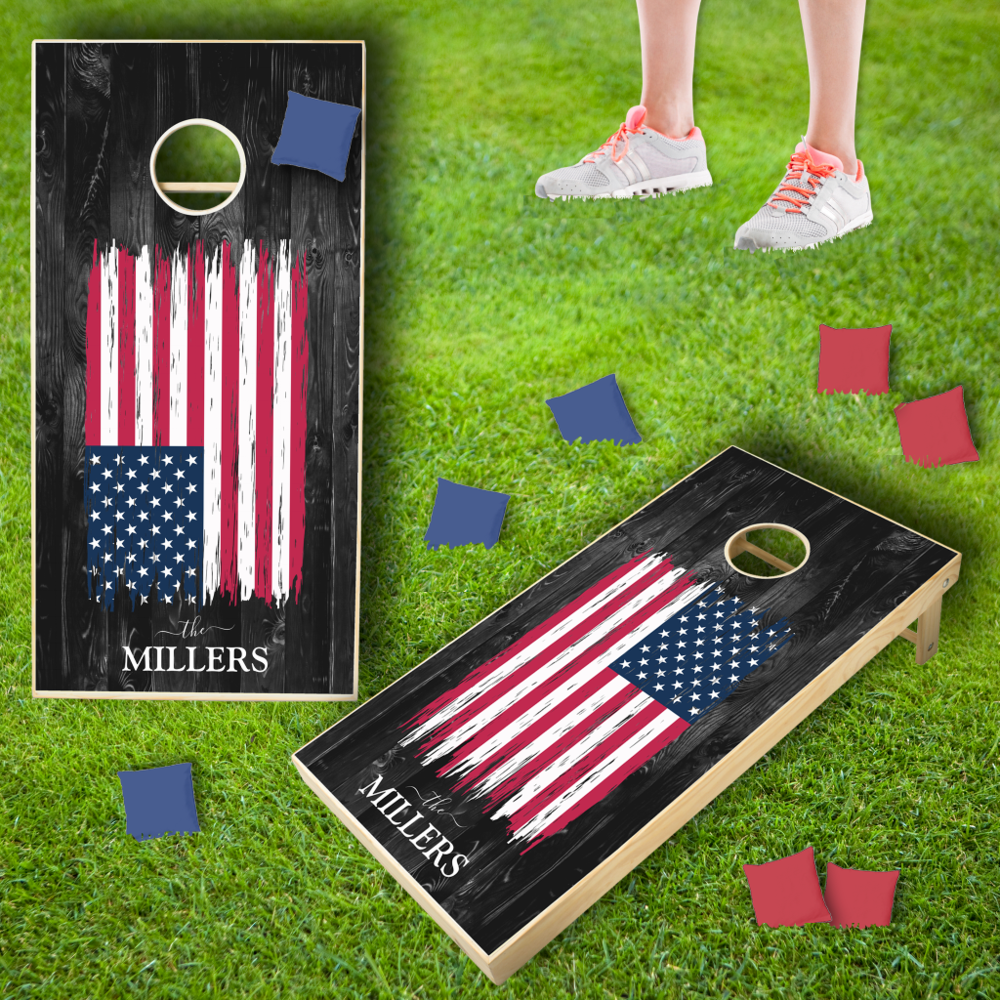 Patriotic USA Flag on Black Cornhole Set