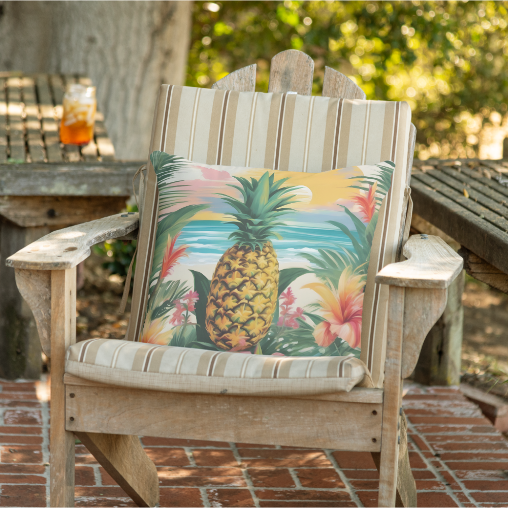 Tropical Retreat Fun tropical flowers Pineapple Outdoor Pillow