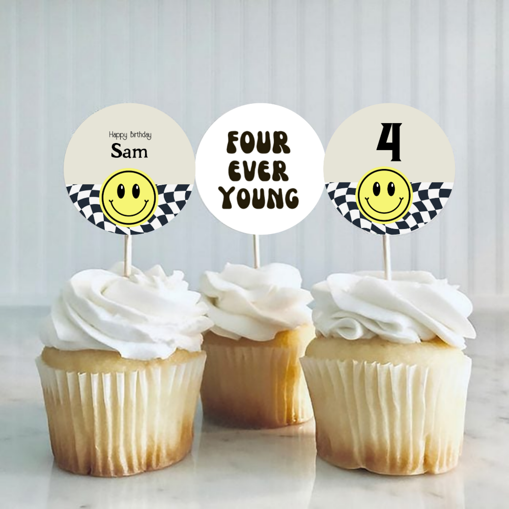 FOURever Young Retro Black and white checkered Edible Frosting Rounds
