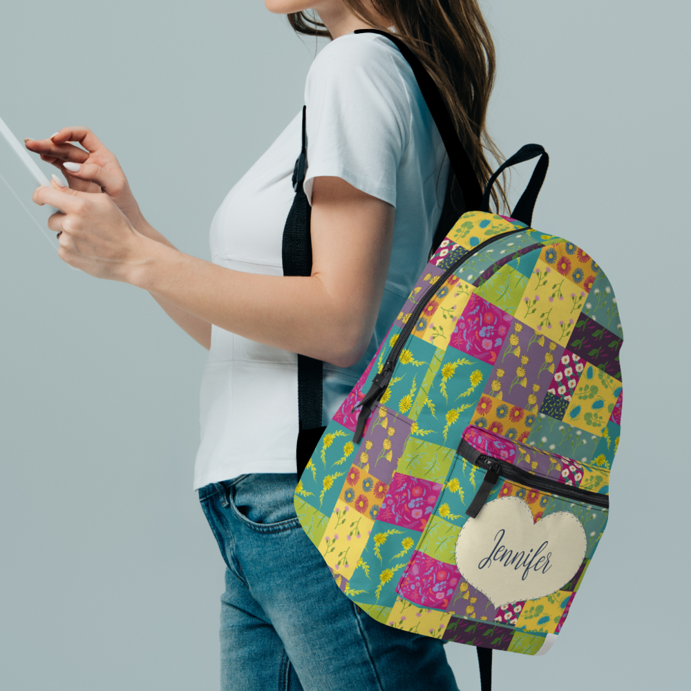 Boho Patchwork Quilt and Heart Shape Personalized Printed Backpack
