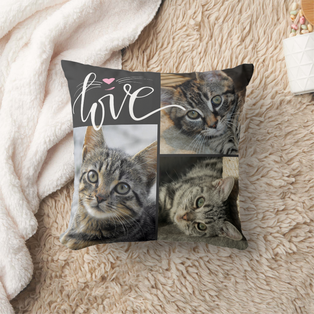 Cute Cat LOVE 3 Photos Custom Throw Pillow
