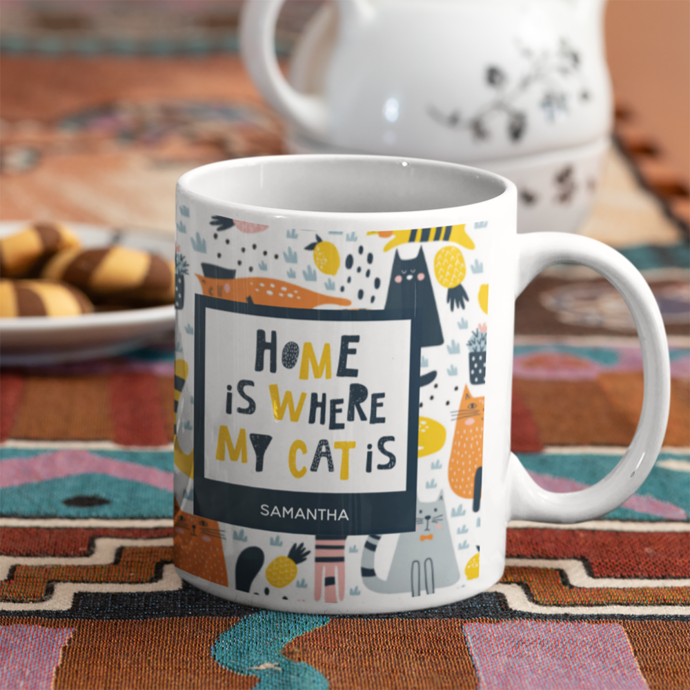 Home is Where My Cat is Monogrammed Name Kitchen Coffee Mug

