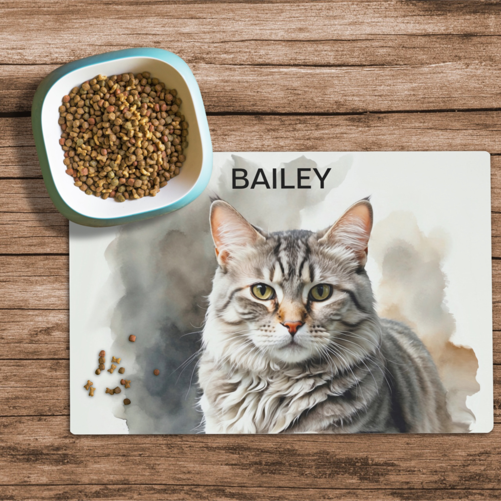 Watercolor Silver Tabby Custom Cat Food Mat
