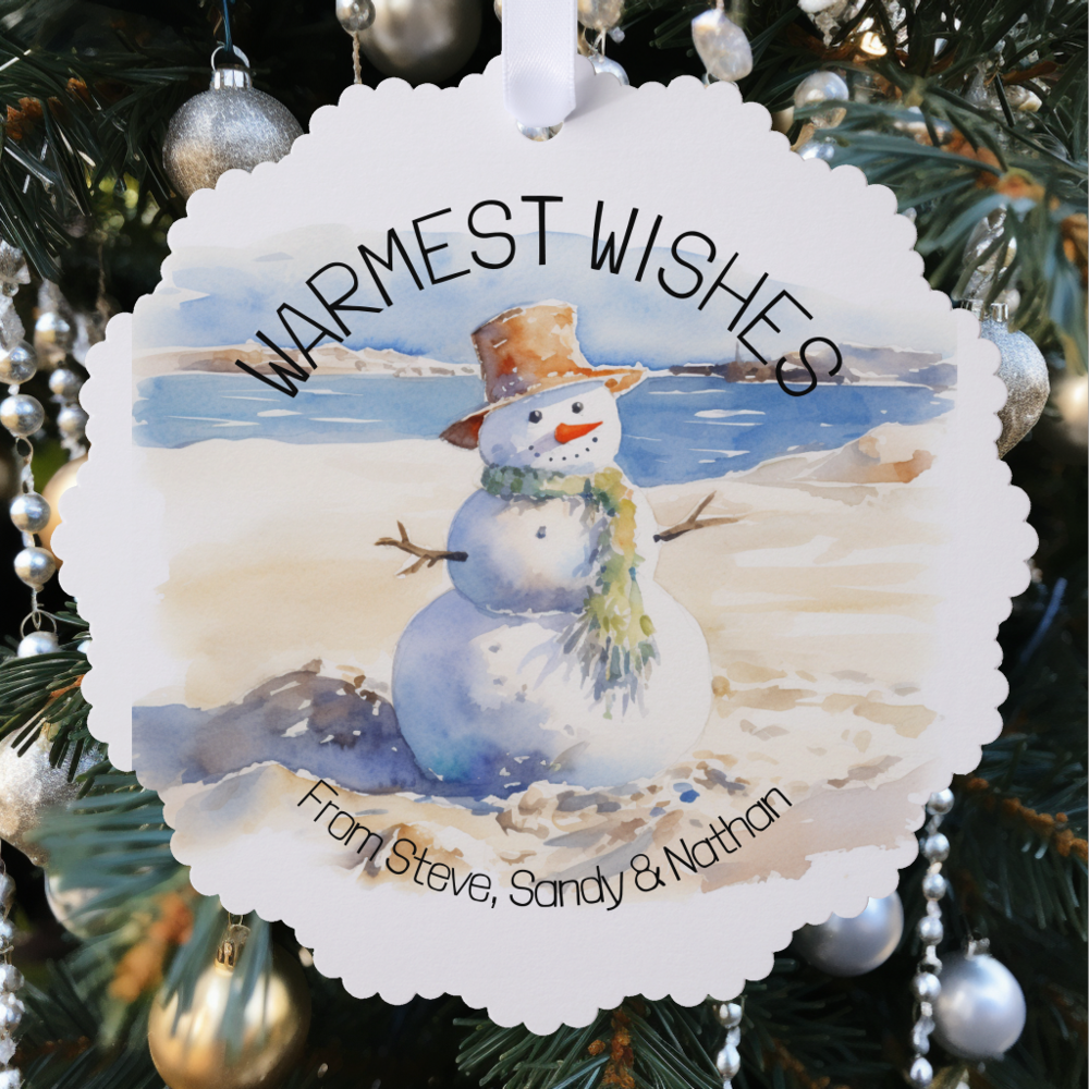 Warmest Wishes Snowman Beach Sand Ornament Card
