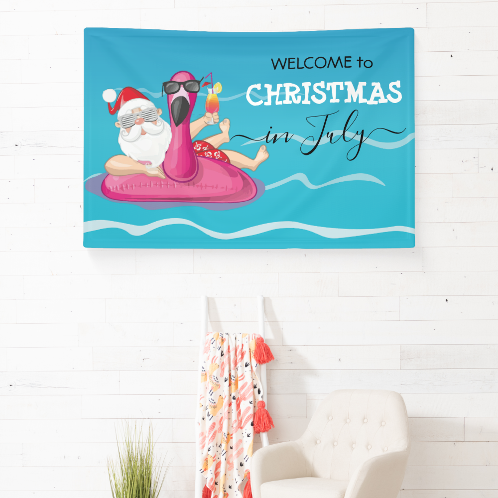 Christmas in July Funny Santa Claus Summer Party Banner
