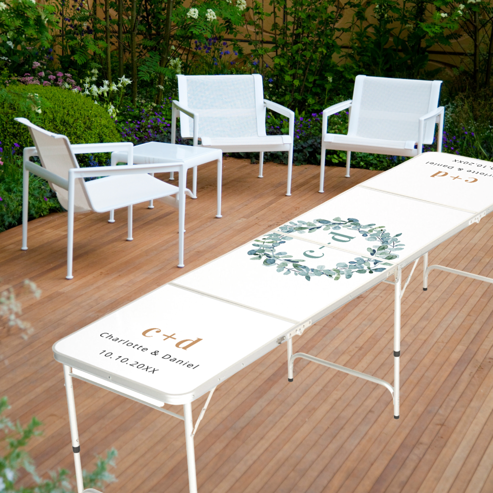Eucalyptus greenery wreath monogram wedding white beer pong table