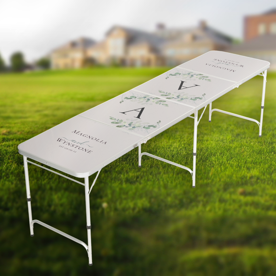 Eucalyptus Greenery Monogram Wedding Beer Pong Table