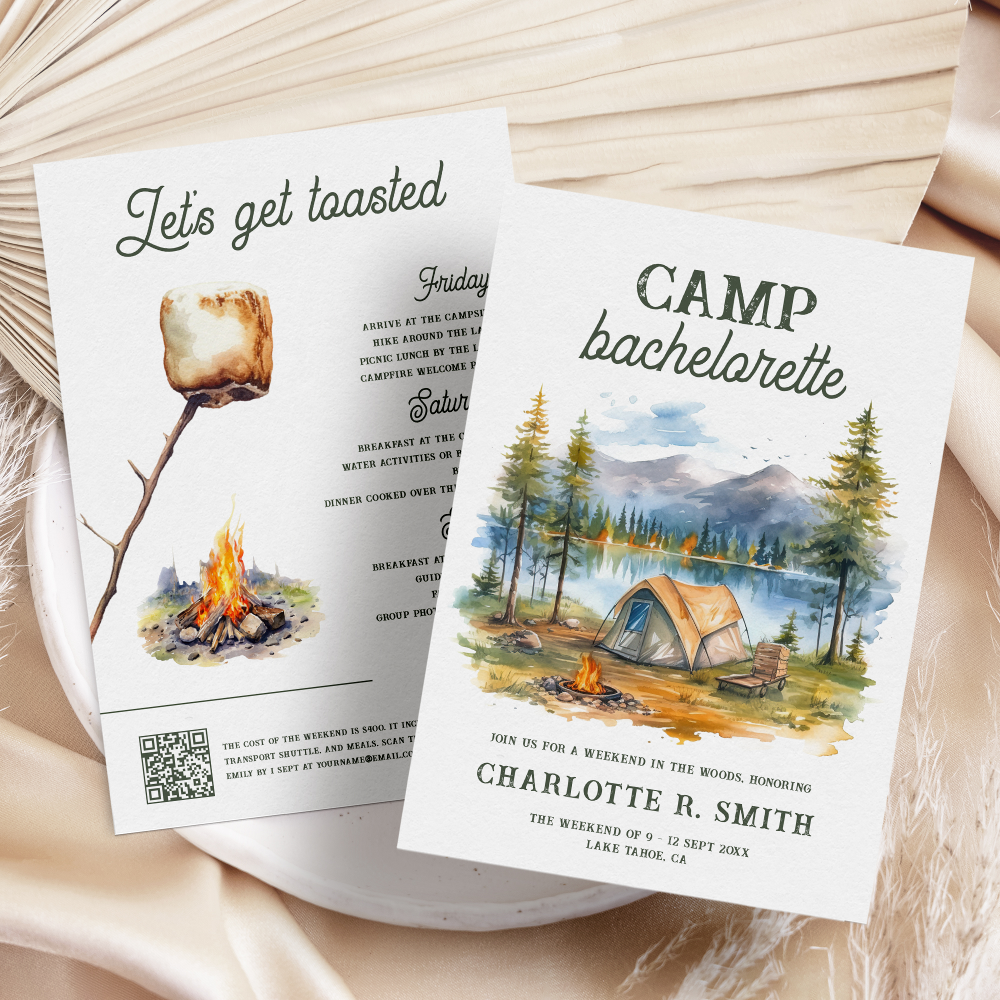 Watercolor Mountain Forest Camp Bachelorette Party Invitation