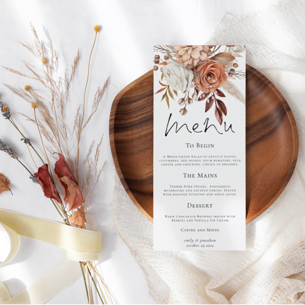 Rustic Florals Pampas Grasses Fall Wedding Menu
