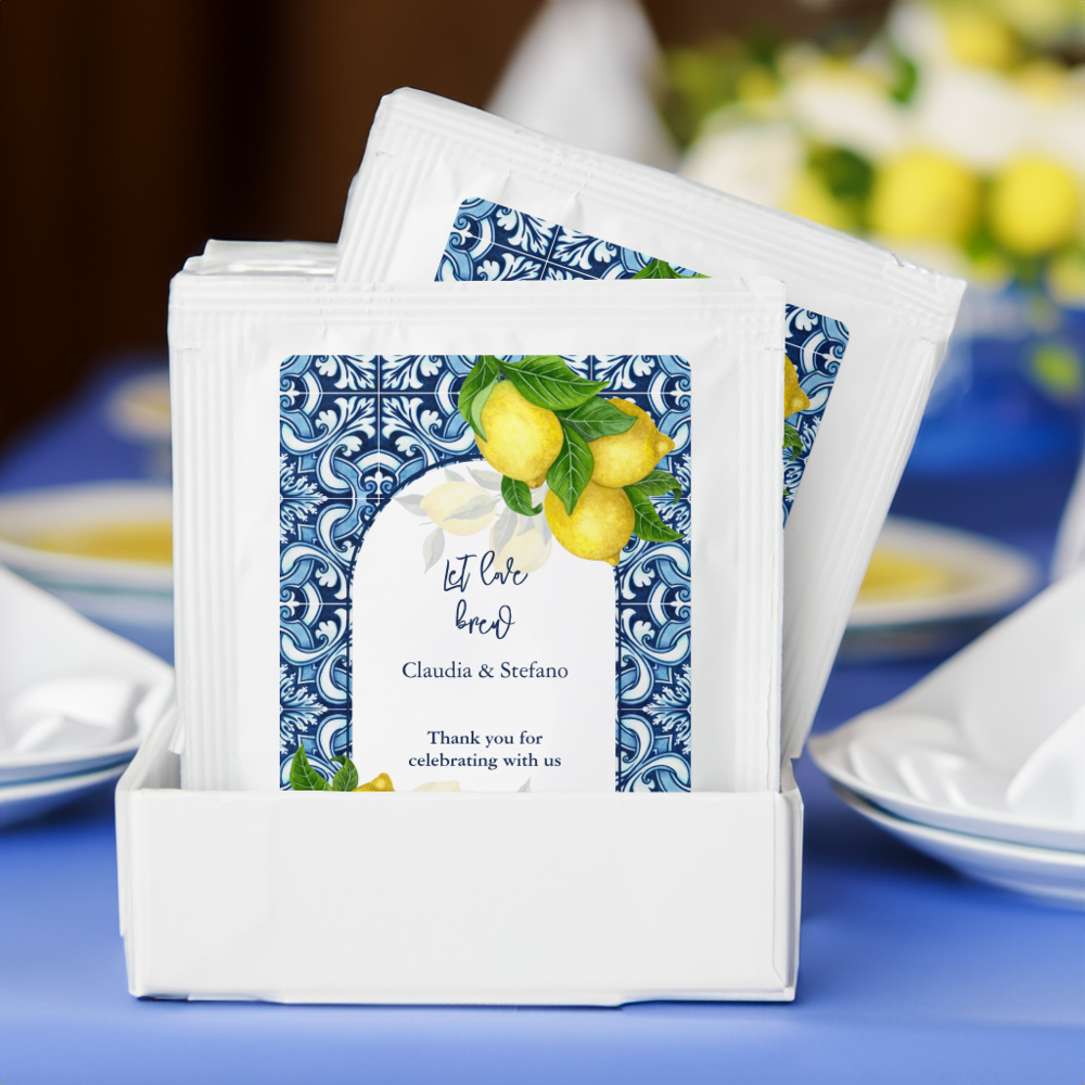 Blue tiles and lemon Amalfi Positano wedding favor Tea Bag Drink Mix

