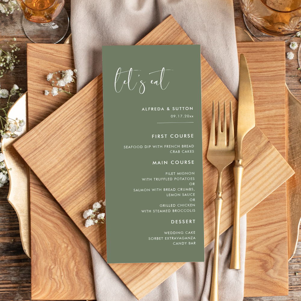 Elegant & modern sage green Let's eat wedding Menu
