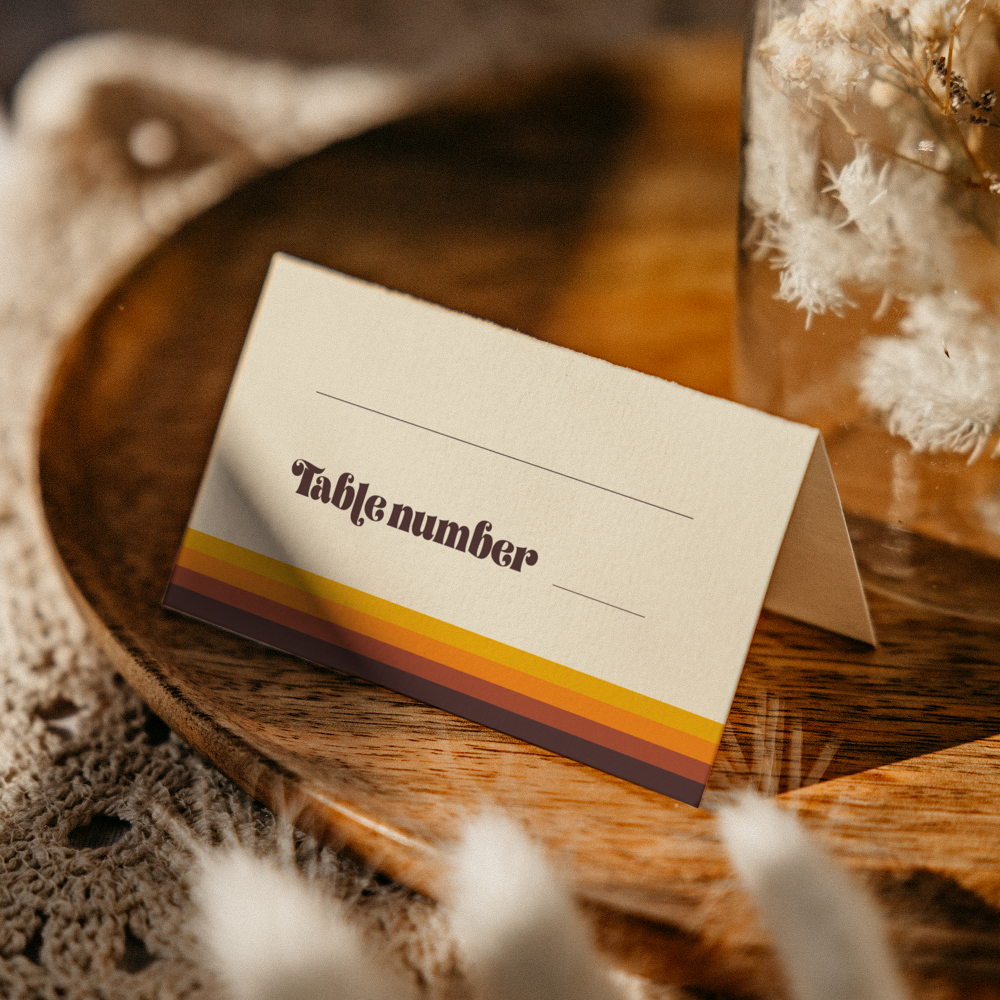 Retro 60s vintage colors wedding place card
