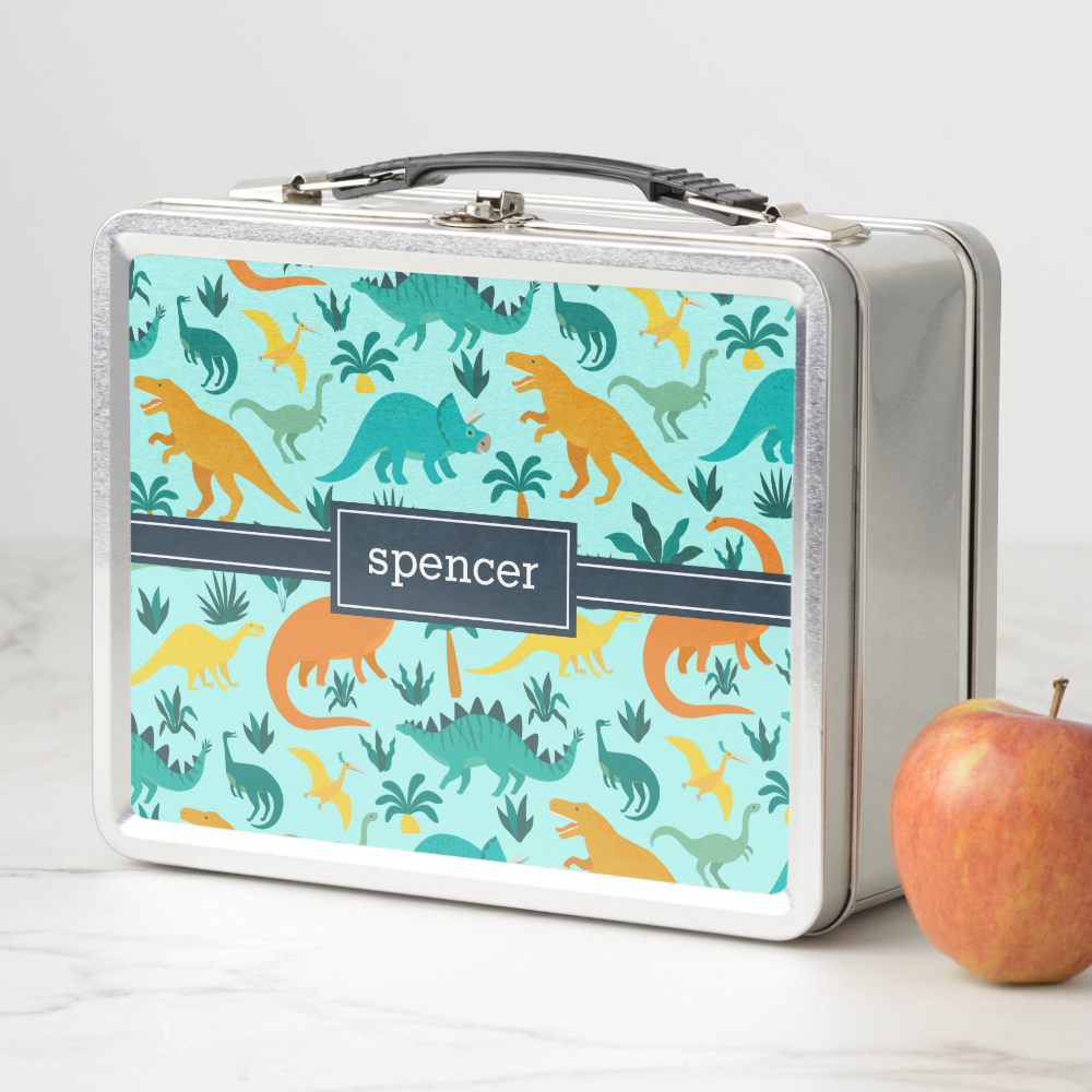 Aqua | Cute Colorful Dinosaur Pattern Kids Name Metal Lunch Box