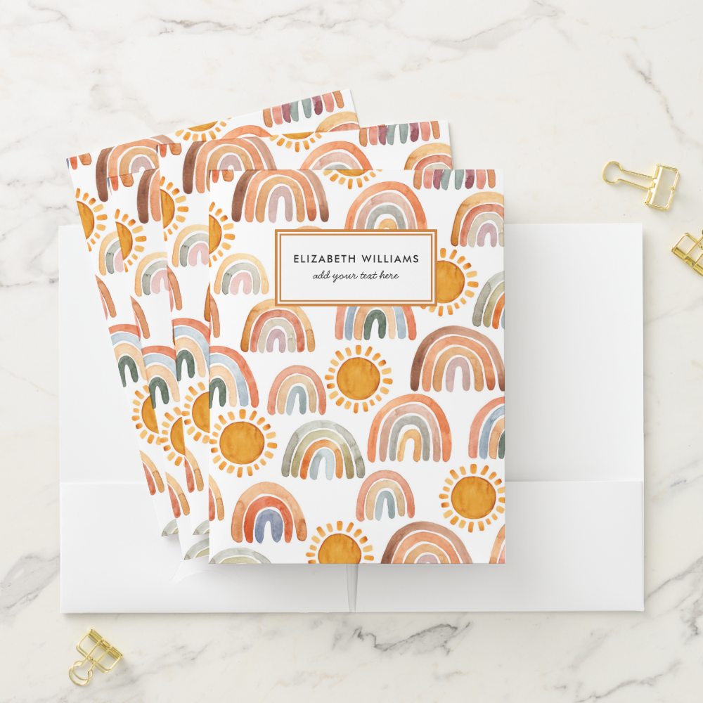 Watercolor Boho Rainbow and Sunshine Kids Pocket Folder