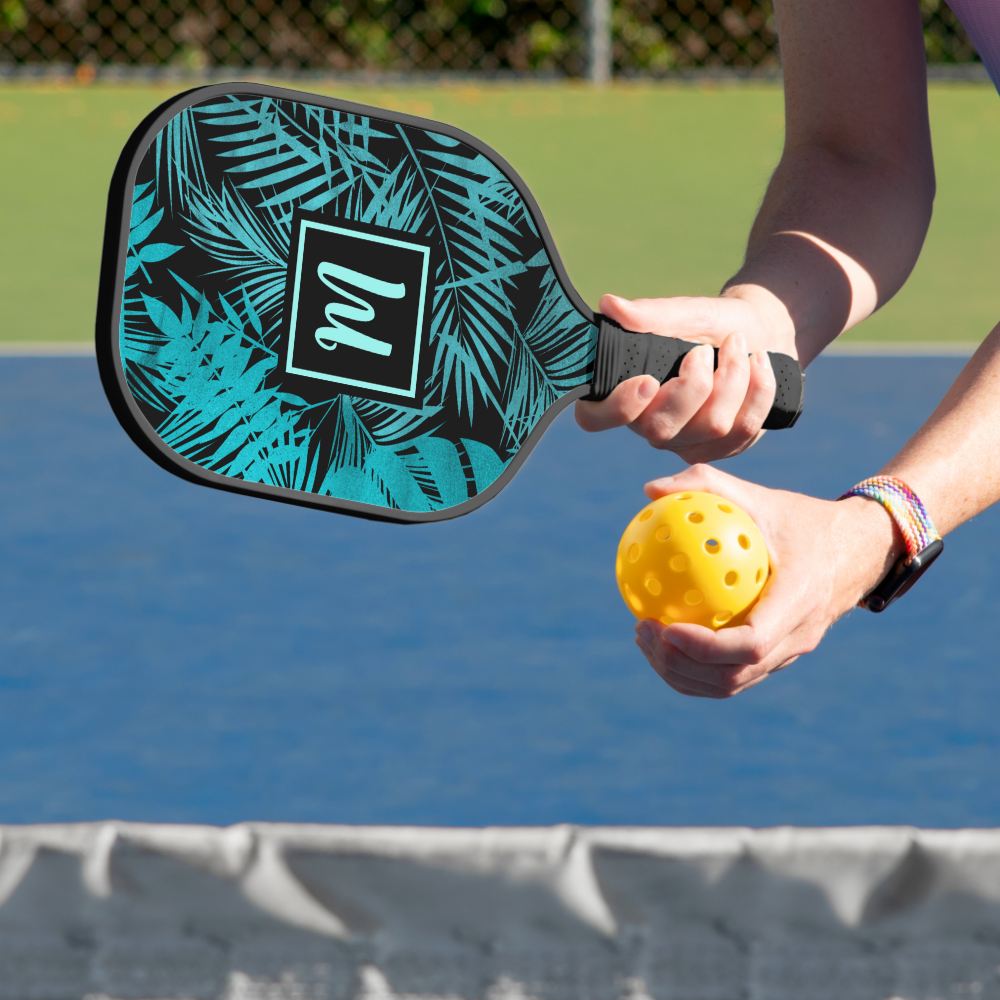 Tropical Monogram Teal Blue Palm Leaf Bold Modern Pickleball Paddle