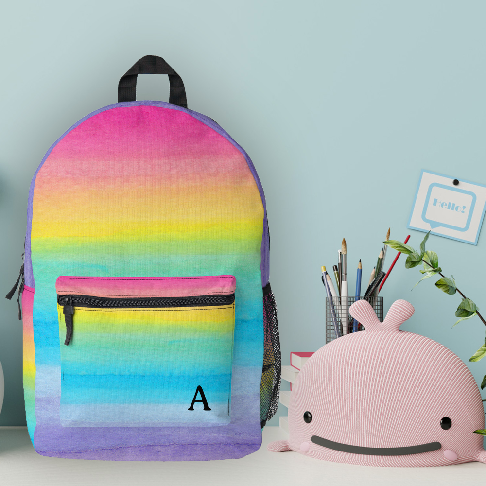 Pretty Watercolor Pink Rainbow Stripes Monogram Printed Backpack