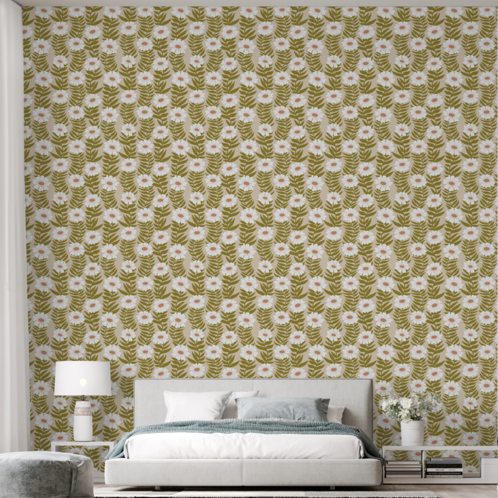 Climbing White Wavy Flower Stripe Wallpaper