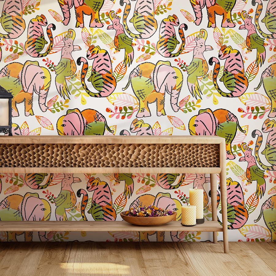African Safari Animals Boho Maximalist Block Print Wallpaper