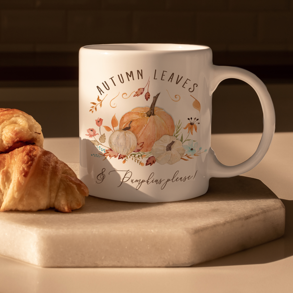 Fall Pumpkins Watercolor Autumn Leaves and Floral Coffee Mug