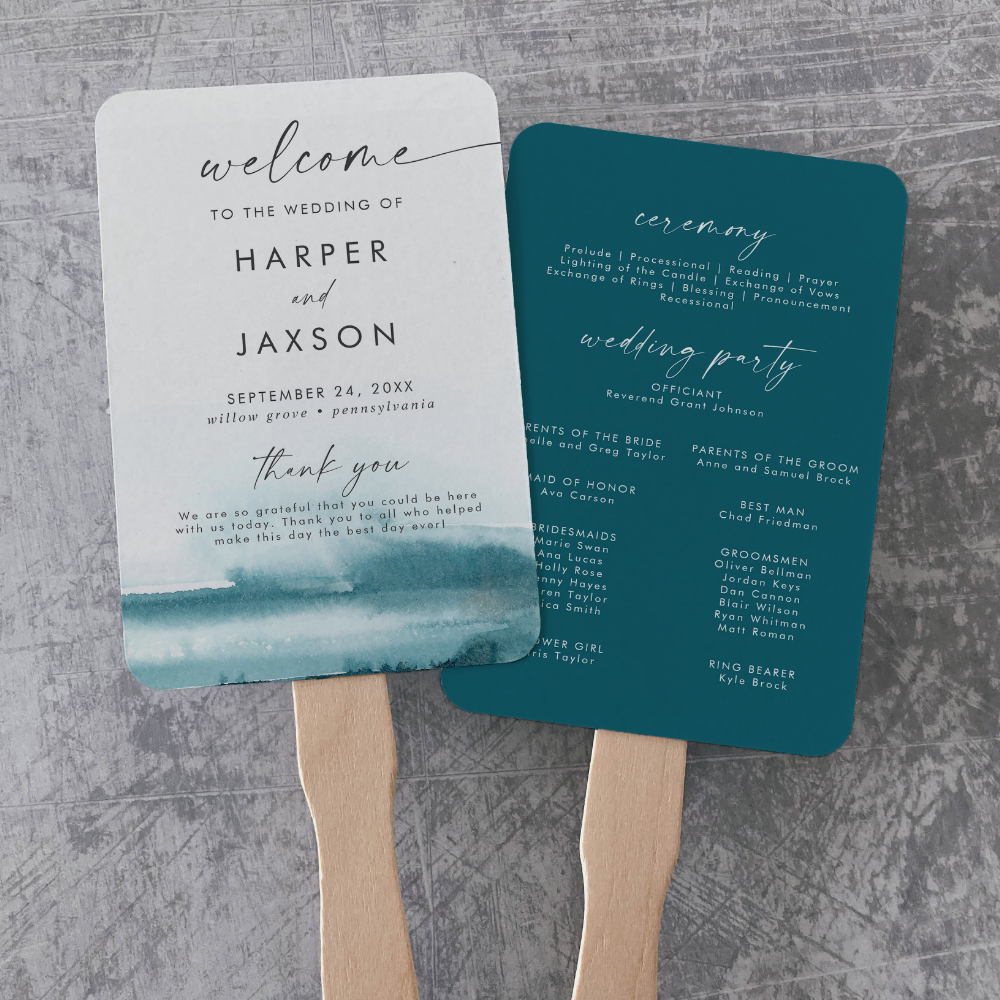 Modern Watercolor | Teal Wedding Program Hand Fan
