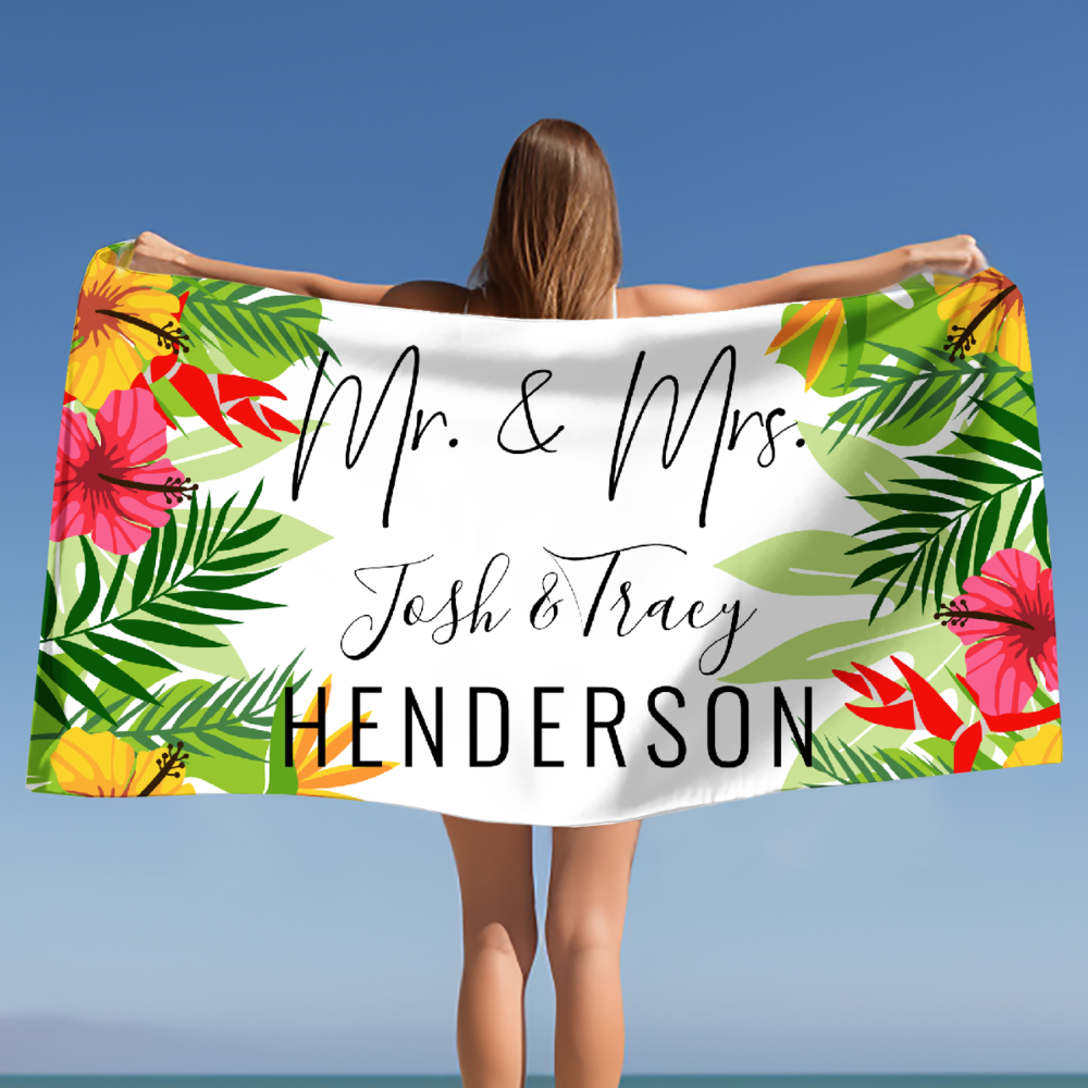 Bright Tropical Flowers & Leaves Mr and Mrs Beach Towel
