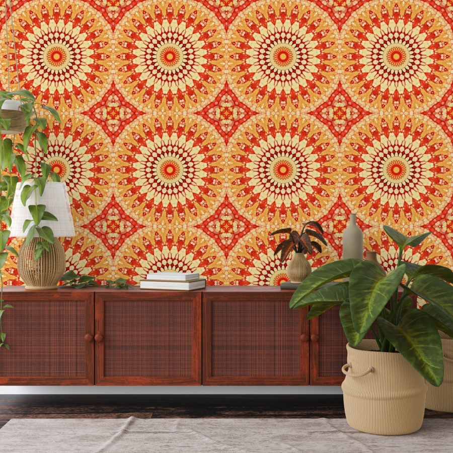 Red Yellow Orange Summer Sun Mandala Pattern Wallpaper