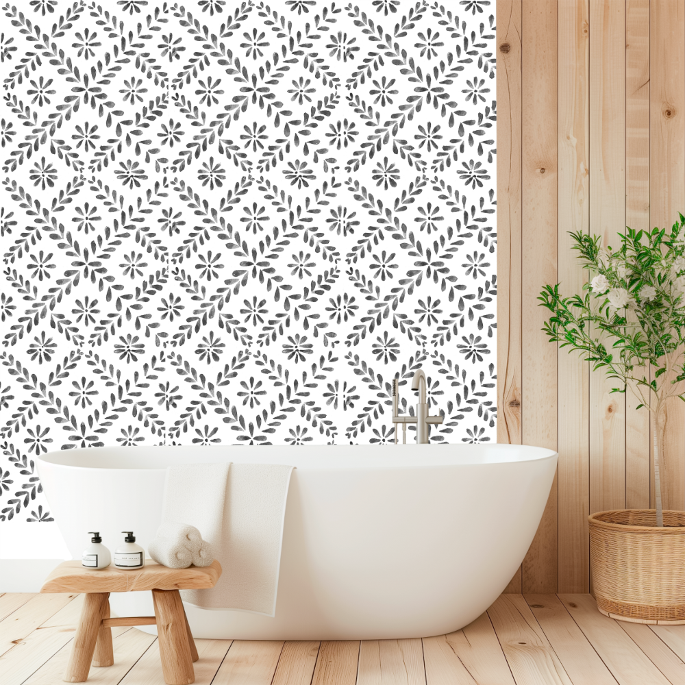 Watercolor Mediterranean Grey Tile Wallpaper