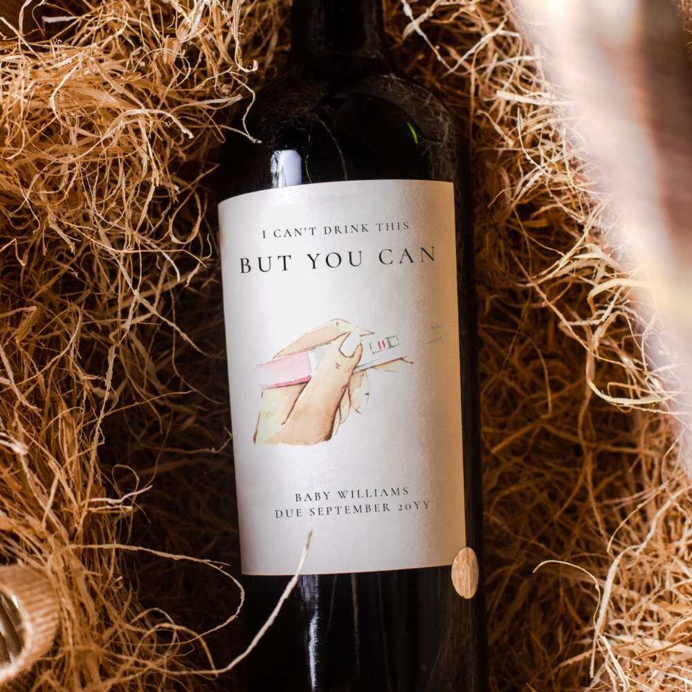 Cute Watercolor Personalized Pregnancy Wine Label
