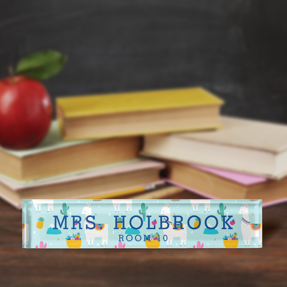 Cute Aqua Blue Llama Pattern Teacher's Desk Name Plate