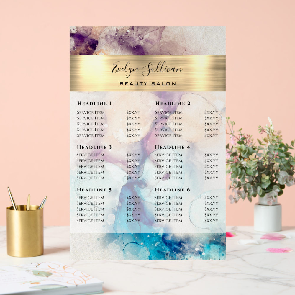 Blue Purple Watercolor Gold Foil Price List Acrylic Sign