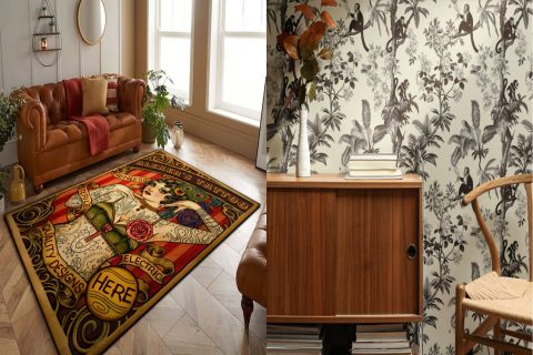 Maximalist Décor Products: Old School Tattoo Design Rug and Monkey Print Wallpaper