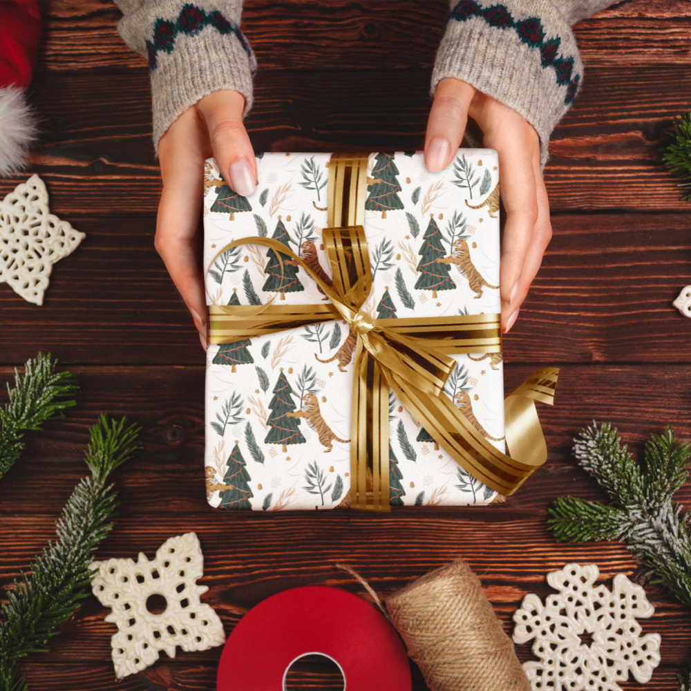 Person holding a wrapped Christmas Gift
