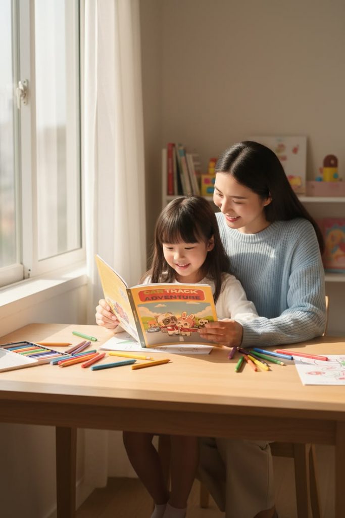 Mother and Daughter Reading Stories Together on Mother's Day Pin