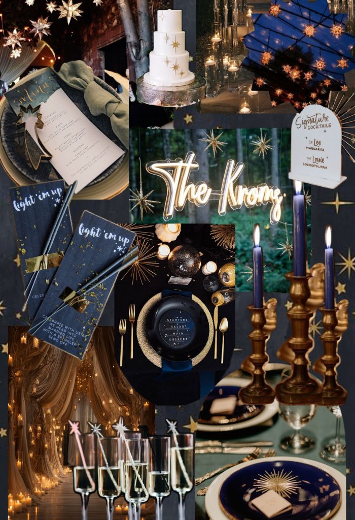 A collage of wedding decorations and designs inspired by the A Court of Thorns and Roses book series.